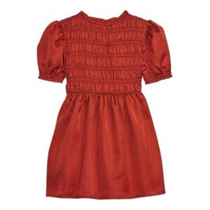 GAP Satin Smocked Top Short Puff Sleeve Fit & Flare Satin Rust Orange Dress